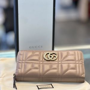 Gucci Calfskin Matelasse Pearly GG Marmont Zip Around Wallet Porcelain Rose